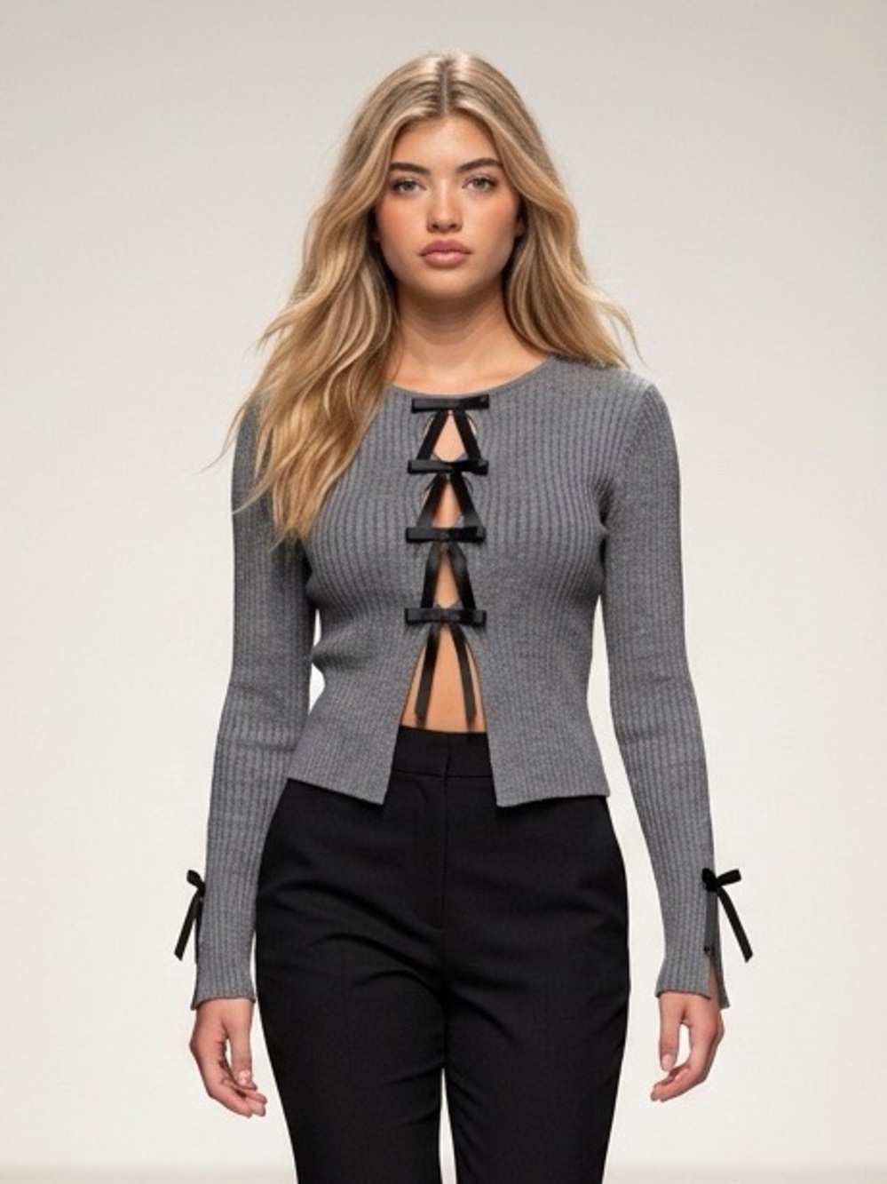 Love Tree Gray Ribbed Bow Tie Cutout Long Sleeve Top Small Y2K Coquette